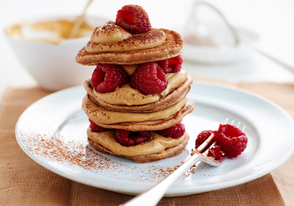 Coffee and amaretto pancake stack