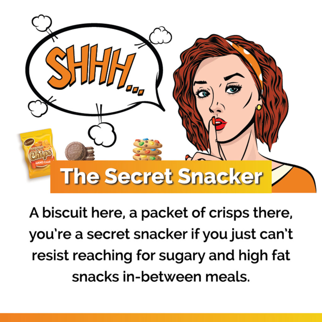 Cartoon of a woman with biscuits and crisps