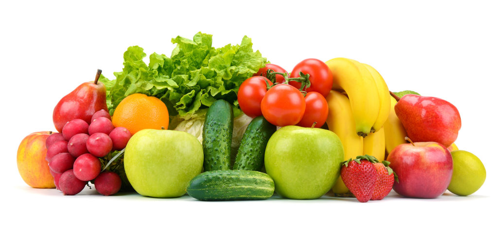 Fruit and vegetables on a white background.