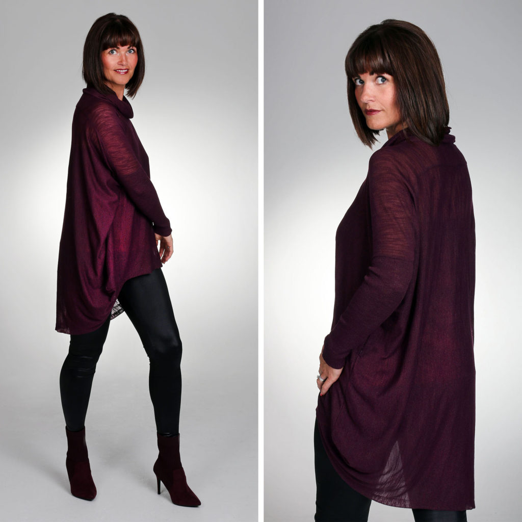 Front and sids/back view of very fine knit tunic top, burgundy with cowl neck