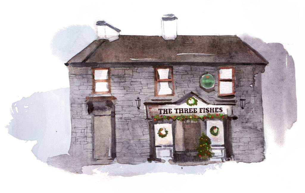 Watercolour sketch of country pub, The Three Fishes
