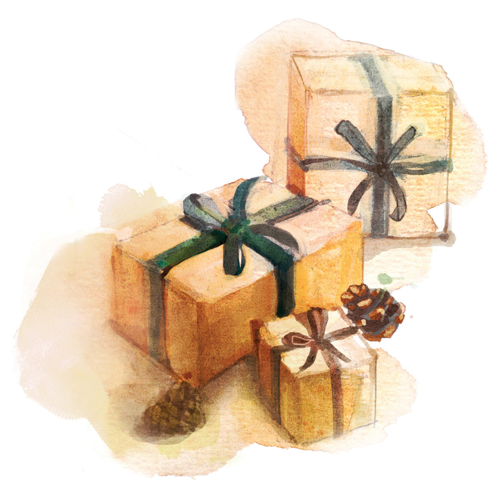 Watercolour of parcels wrapped and tied with ribbon