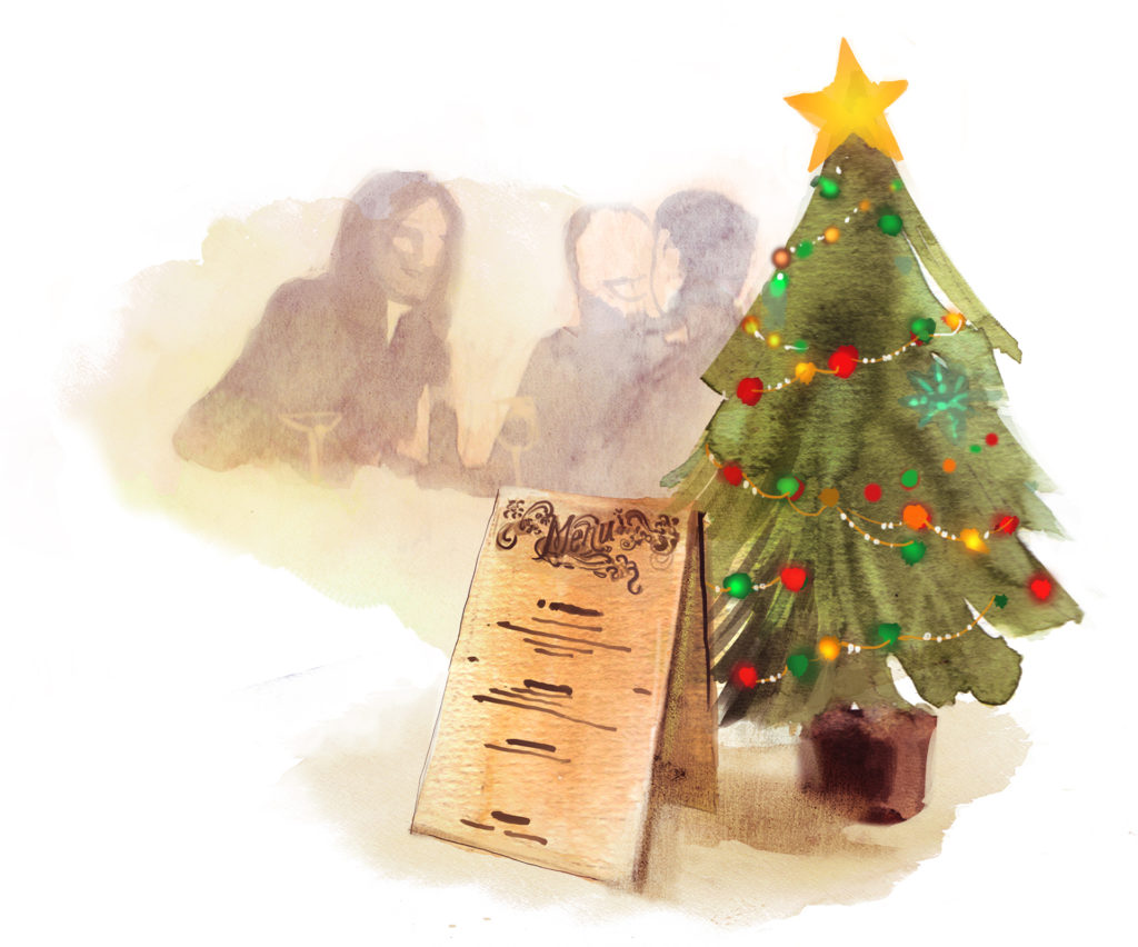 Watercolour sketch. Christmas tree, shadowy people chatting, menu board