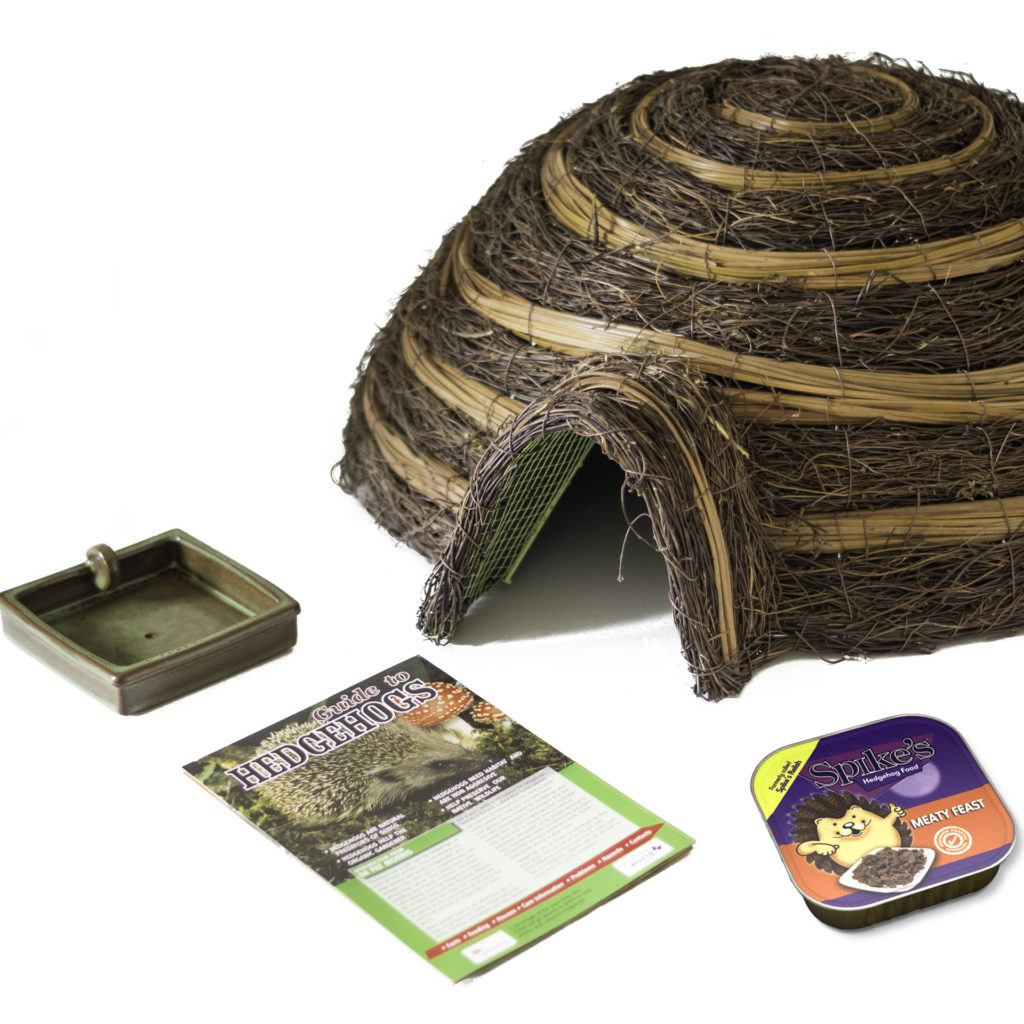 Hedgehog house - raffia dome with entrance - plus square dish and carton of food