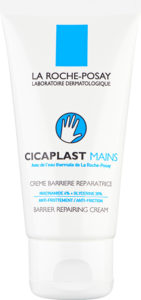 White tube, blue rectangle and blue circle with white hand, Cicaplast Mains