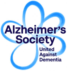 Logo of Alzheimer's Society, black text across blue outline of a forget-me-not flower