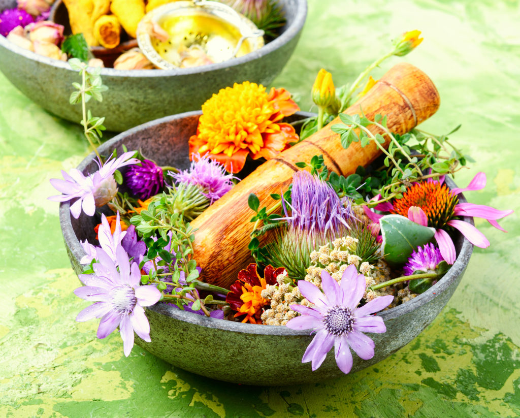 Beautiful bowl of fresh herb flowers as main image.