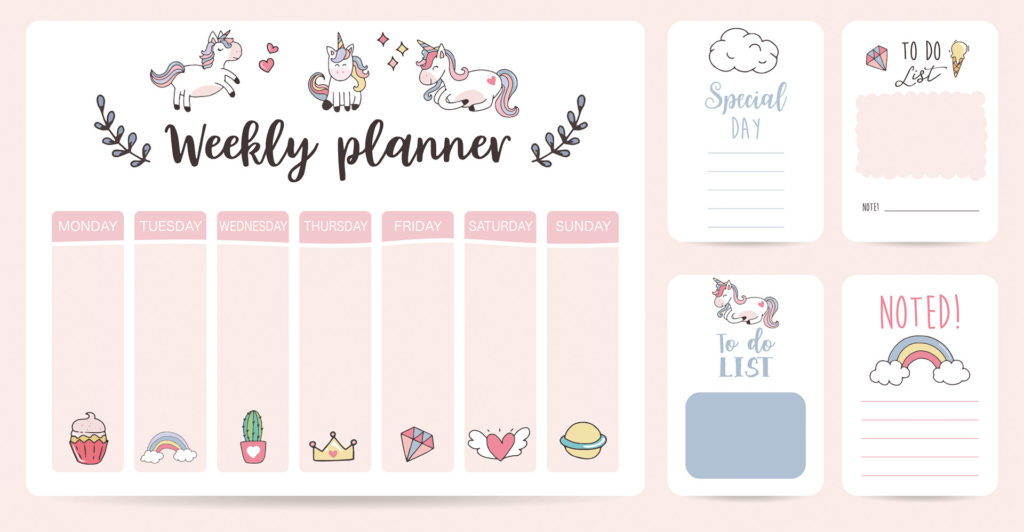 cute weekly planner with unicorn, rainbow, ice cream, cloud and sections to write in for each day of the week