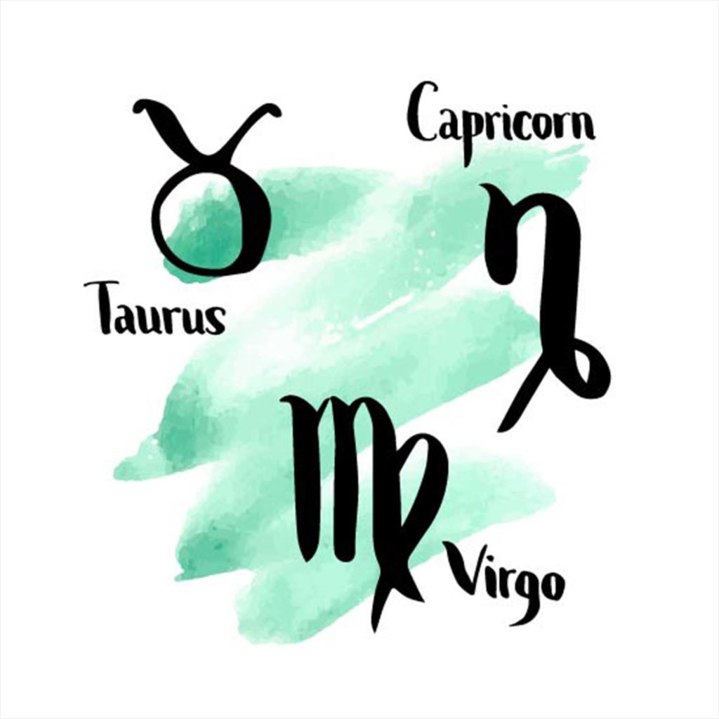 Hand drawn set of zodiac signs. Ink brush and watercolor. Earth elements. Lettering. Vector illustration