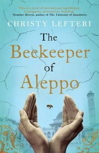 Cover of The Beekeeper of Aleppo, cupped hands releasing a bee, blue background overlaid with hairline cracks