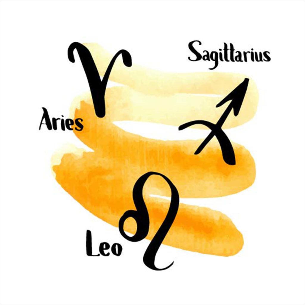 Hand drawn set of zodiac signs. Ink brush and watercolor. Fire elements. Lettering. Vector illustration.
