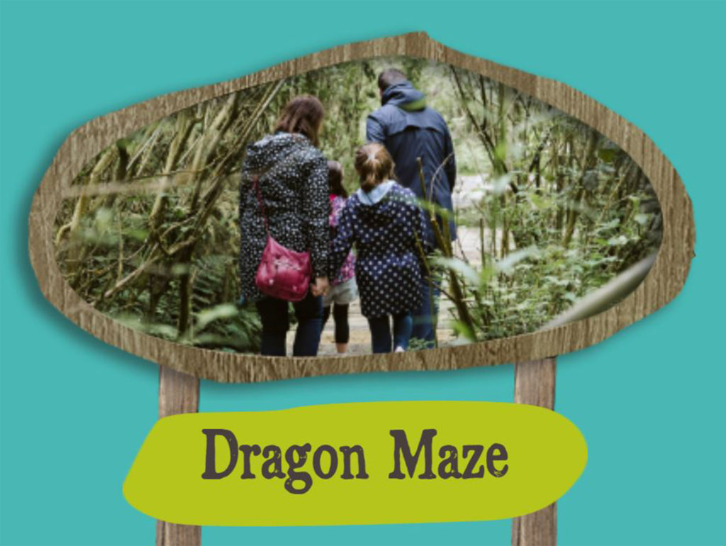 Image from website advertising Dragon Maze - photo in rough oval of family walking along boardwalk amongst vegetation