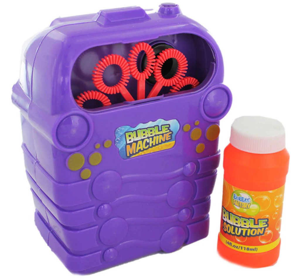purple plastic bubble machine with a row of red hoops visible through a window at the top