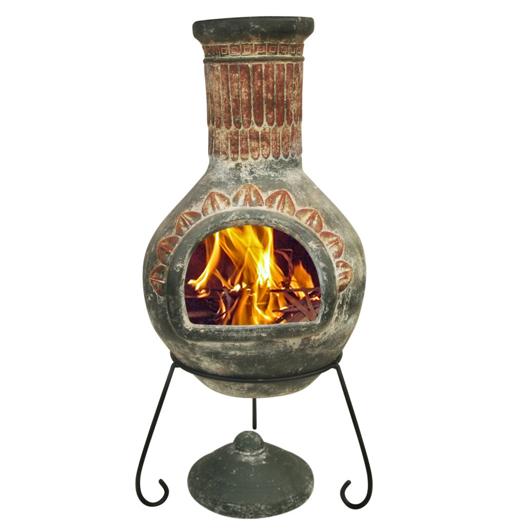 Pink and grey patterned chimenea on metal tripod, flames burning inside