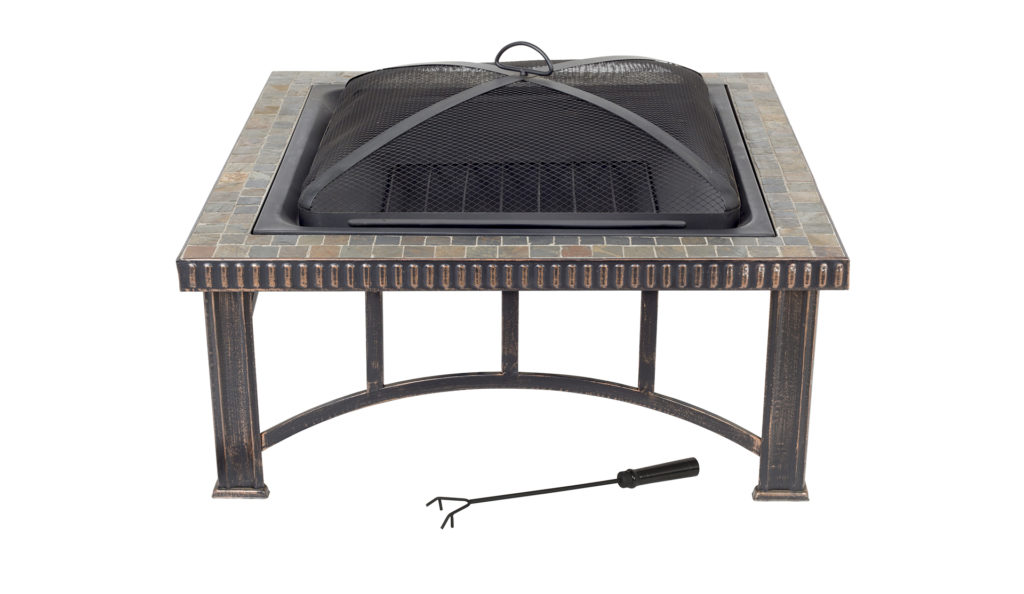 Square firepit with mosaic surround, metal legs and dome cover
