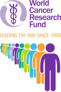 Logo of World Cancer Research Fund with a queue of people symbols in different colours and medical snake and staff logo
