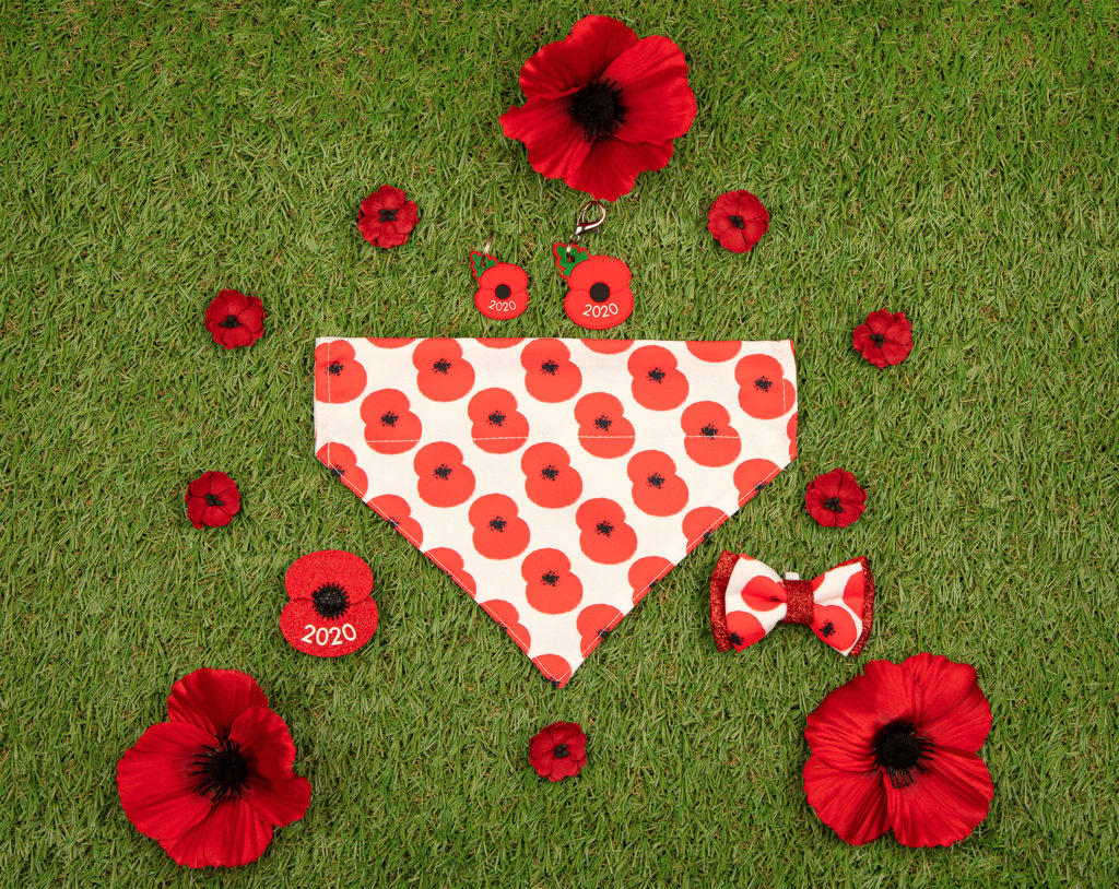 Poppy print bandana and other accessories laid out on green artificial grass