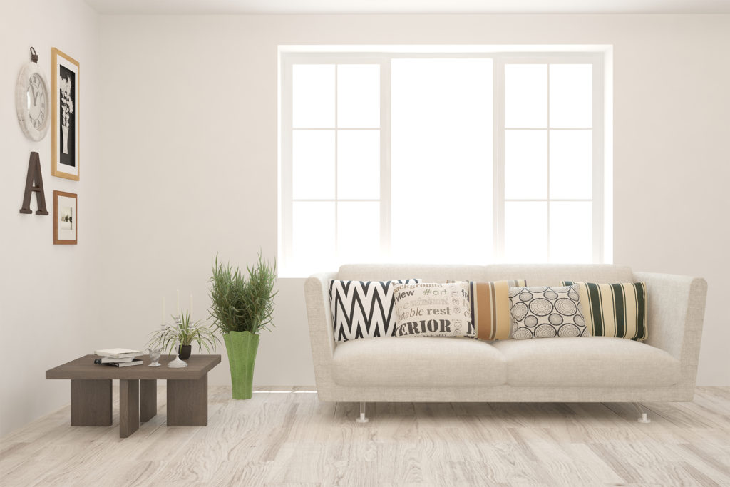 White living room with sofa. Scandinavian interior design. 