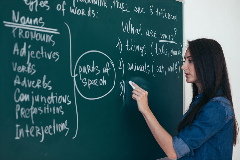 Portrait of woman teacher writing on blackboard in classroom; facts that are now wrong