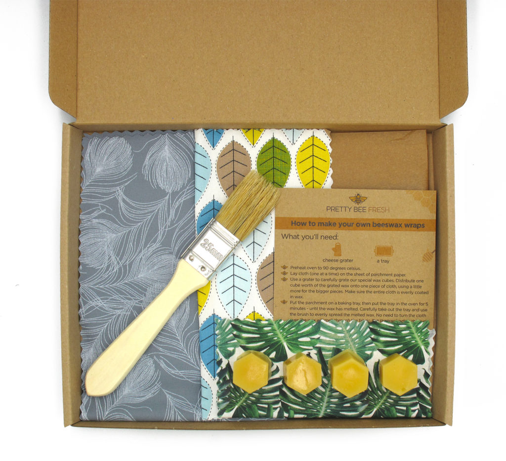 Beeswax wrap making kit, eco gift with soft brush, patterned fabrics and tiny pots of beeswax