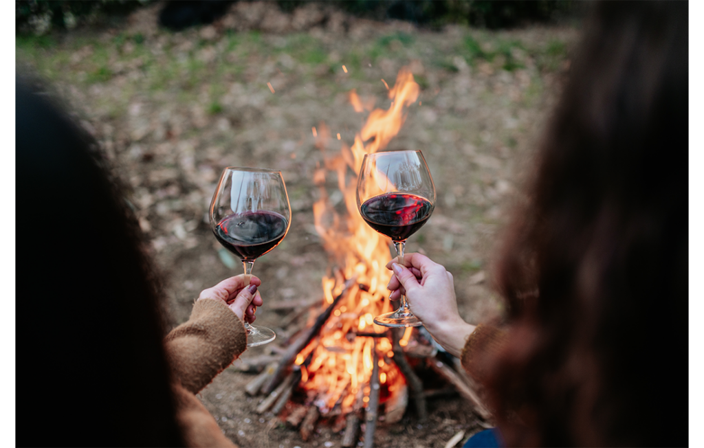 Two women toasting each with red wine in front of camp fire in garden